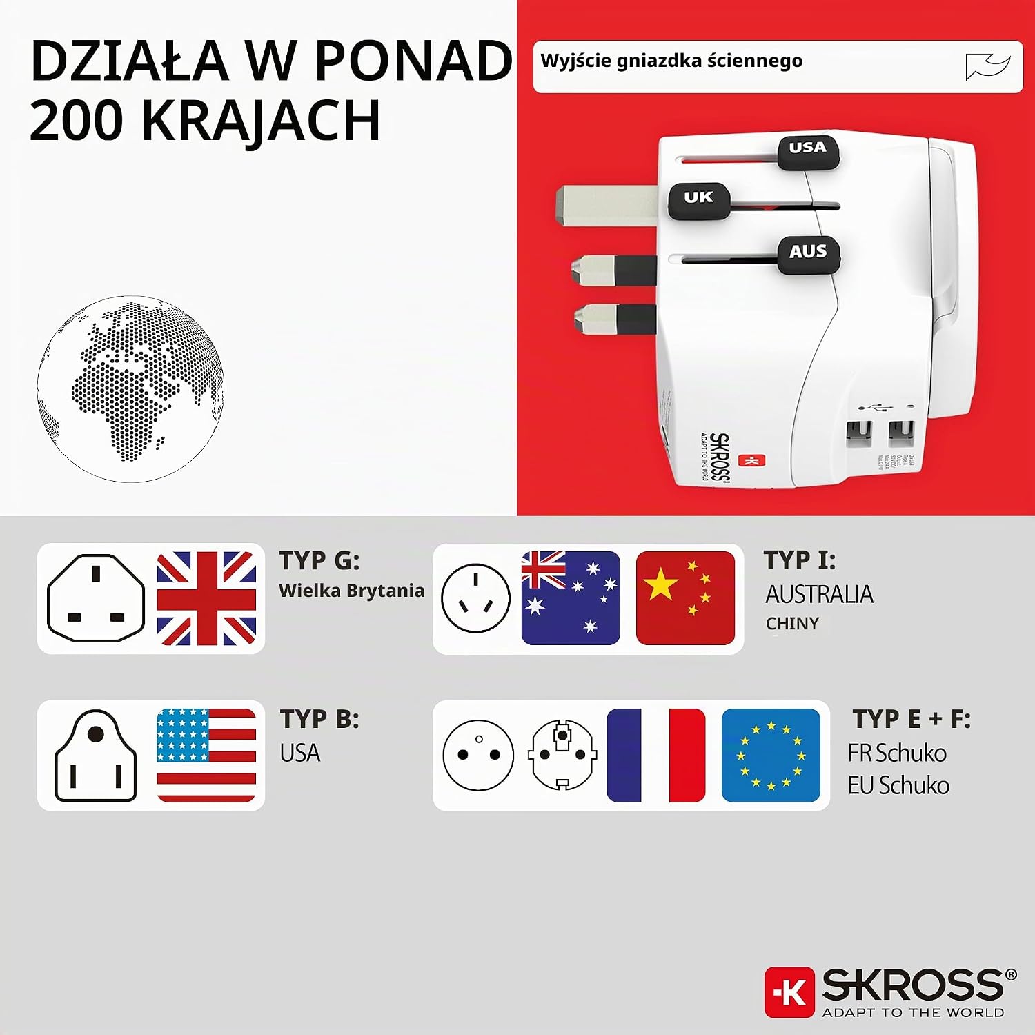 Detalle de SKROSS PRO Light USB (2xA) – 3-biegunowy adapter podróżny z 2 portami USB