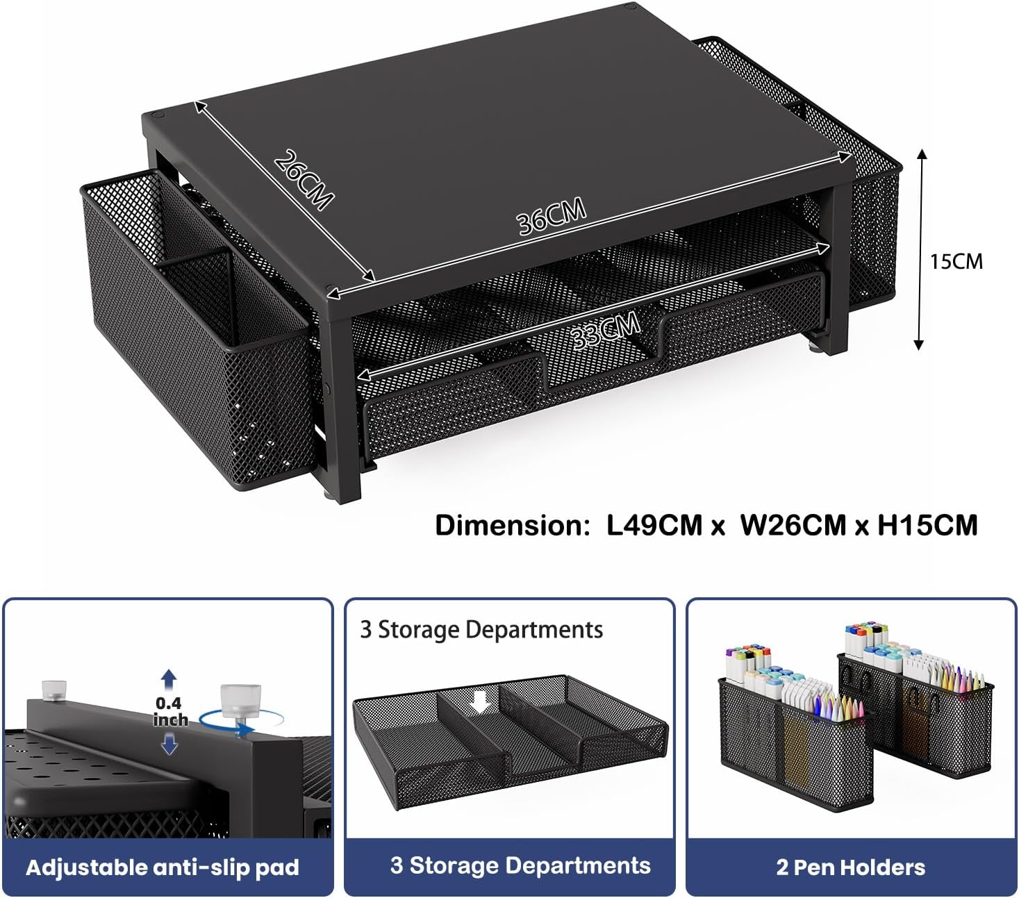 Thumbnail 1 de BOKIOVIN Metal Monitor Stand Riser with Drawer & 2 Pen Holders for Desk