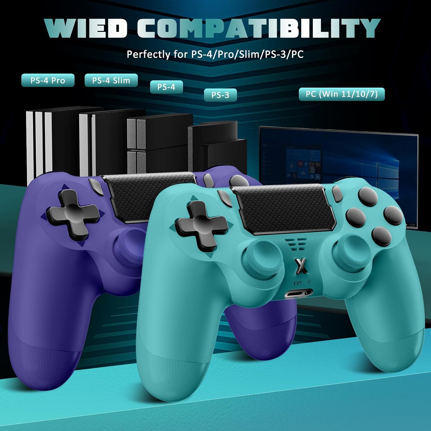 Detalle de Glitfix Wireless Controller für PS-4 – kabelloser Gamepad mit Turbo, Touchpad und Dual-Vibration (2er Set, Blau-Grün + Lila)