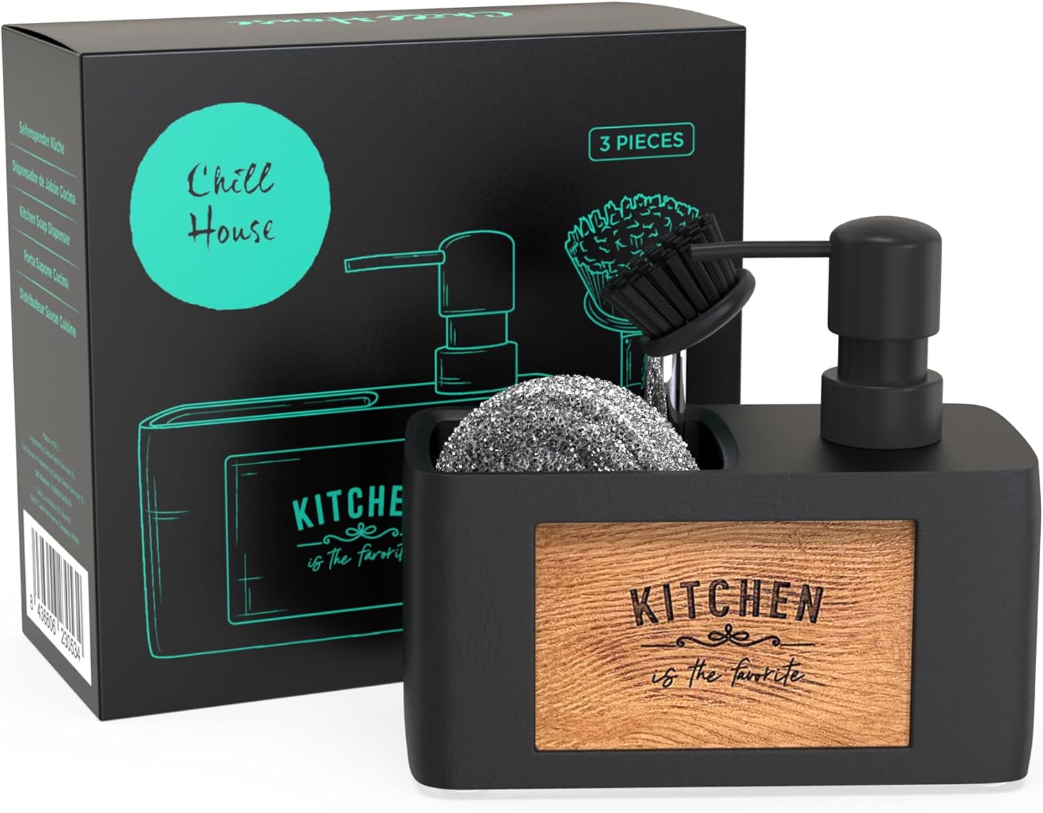 Detalle 2 de Chill House distributeur de savon pour cuisine avec porte éponge noir en polyrésine