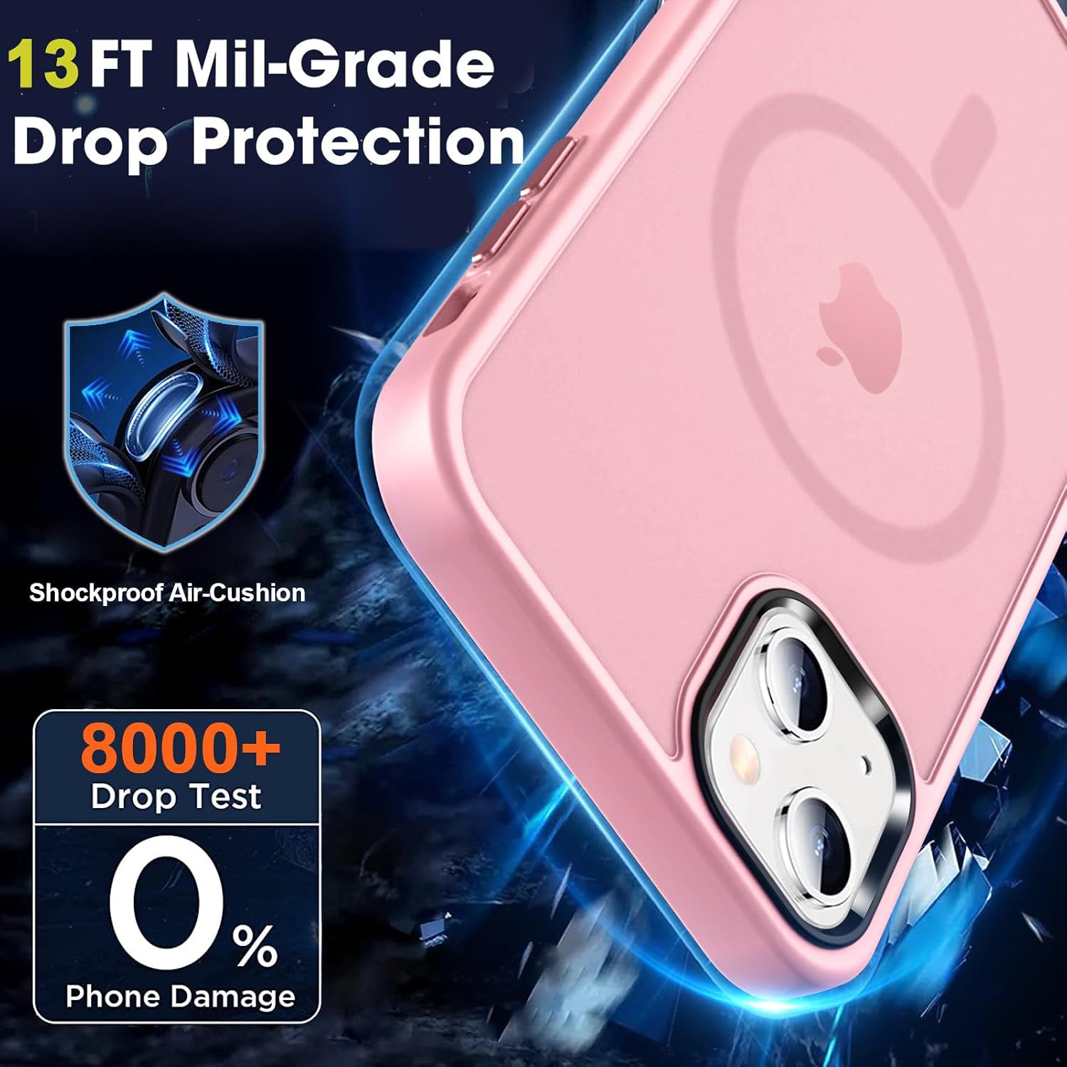 Detalle de MOCCA Strong Magnetic iPhone 13 Case (6.1") with MagSafe Support + Screen & Camera Lens Protectors, Pink (Translucent Matte Slim)