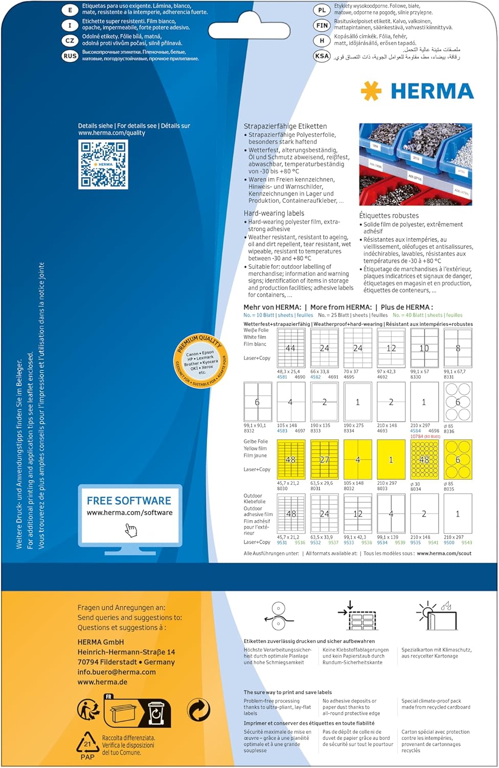 Detalle 2 de HERMA Etichette Impermeabili 210 x 297 mm – Etichette A4 per stampante laser, 25 etichette per foglio, bianco