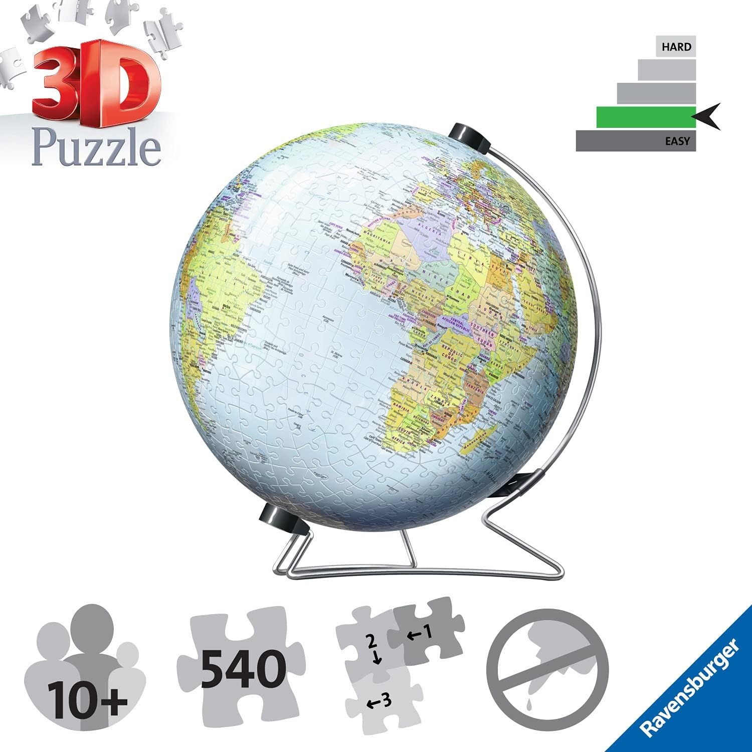 Detalle de Ravensburger 3D World Globe Puzzle on V-Stand – 540-Piece 3D Globe (20 cm) for Ages 10+
