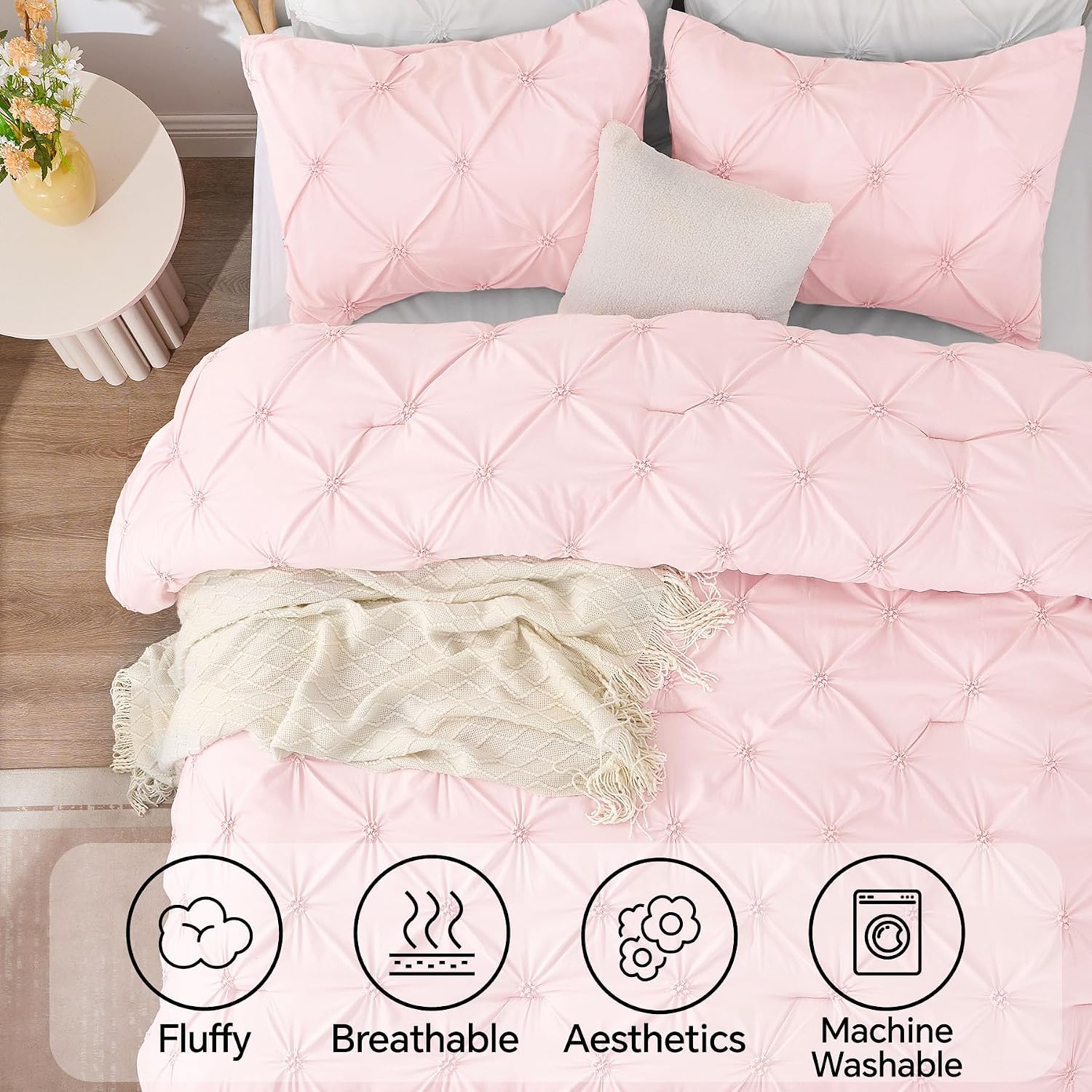Detalle de BEDELITE Baby Pink Queen Comforter Set — 3 Pieces Boho Pintuck Bedding for All-Season Comfort