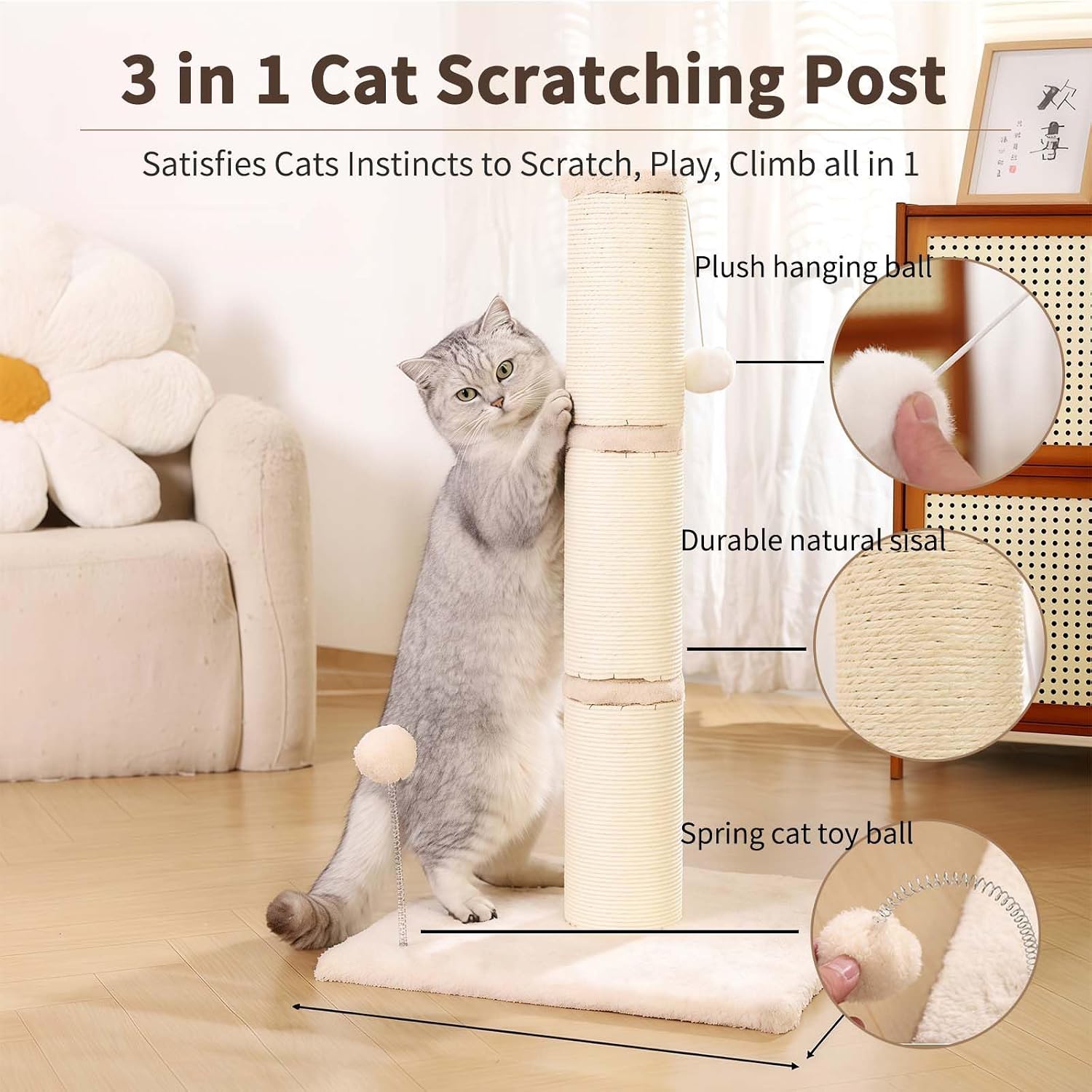 Detalle 2 de Marchul Cat Scratching Post with Teasing Hanging Ball and Sisal Rope, 68 cm tall (White)
