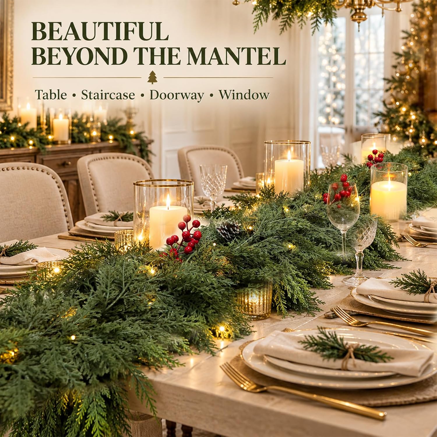 Detalle 2 de Citilya CT2621 9 ft Christmas Cedar Garland with 150+ Branches and Timer Lights
