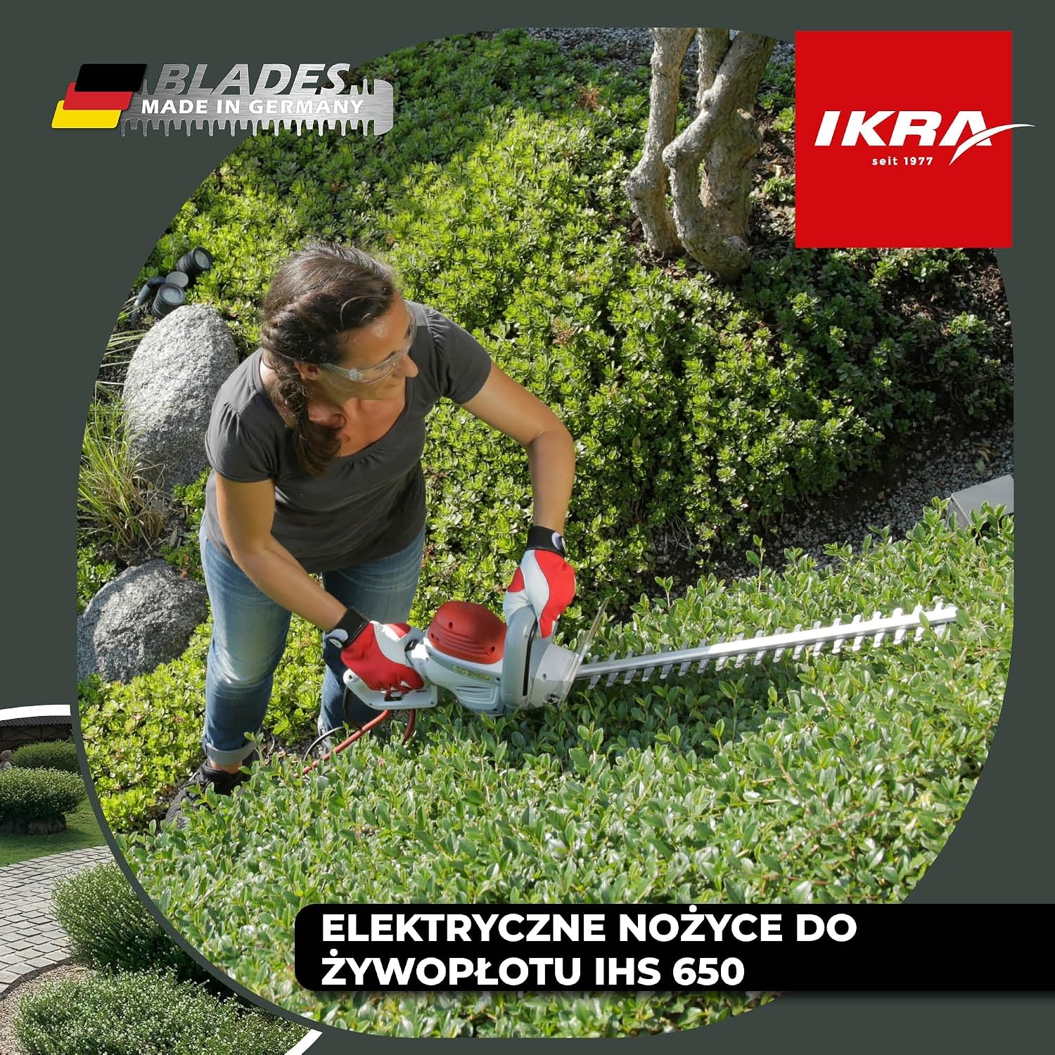 Detalle de IKRA IHS 650 – elektryczne nożyce do żywopłotu, 55 cm, 650 W, cięcie 22 mm