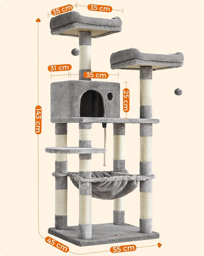 Detalle 2 de Feandrea Árbol para Gatos de 143 cm 🐱 Torre Multinivel con Postes