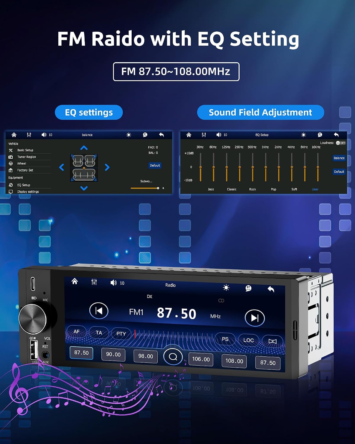 Thumbnail 5 de ESSGOO Single-DIN car stereo with wireless CarPlay/Android Auto, 6.36-inch HD touchscreen and reverse camera input