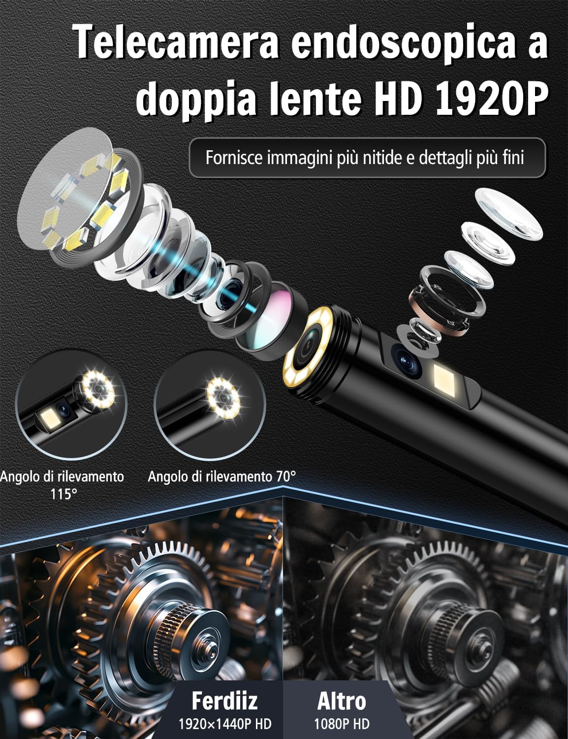 Thumbnail 1 de Ferdiiz Endoscopio per smartphone con doppia lente 1920P HD e sonda impermeabile IP67 (Android e iOS)