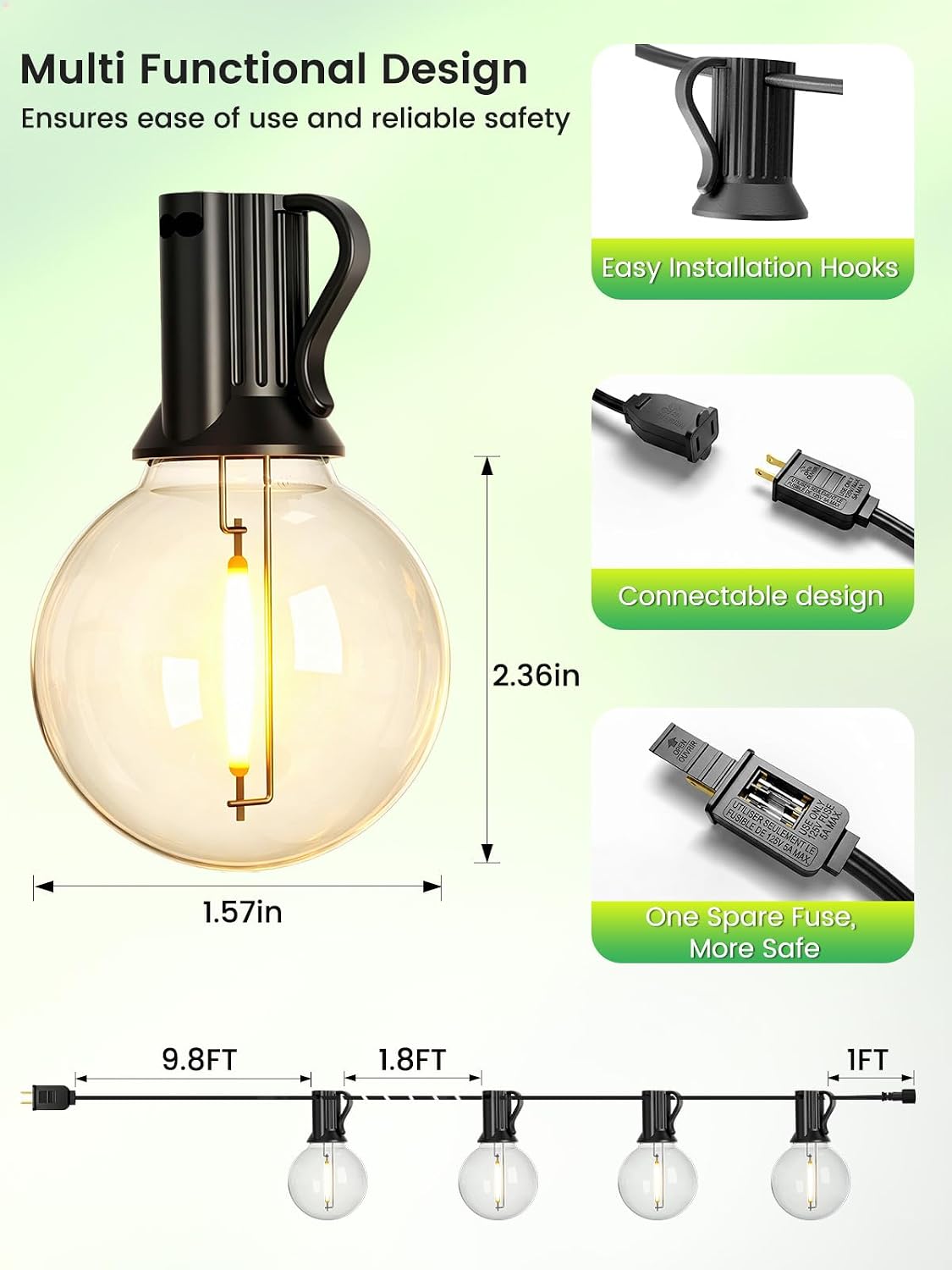 Detalle de LACHON IL-E12-18100050 100 ft G40 LED String Lights, Dimmable, IP65