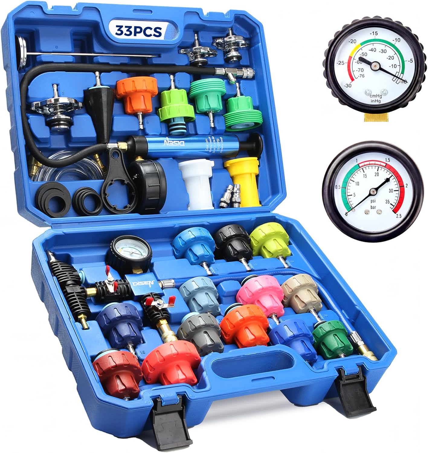 Detalle de DISEN DS-33LQYZKJZTJ Coolant Pressure Tester and Vacuum Refill Kit, 23 Adapters