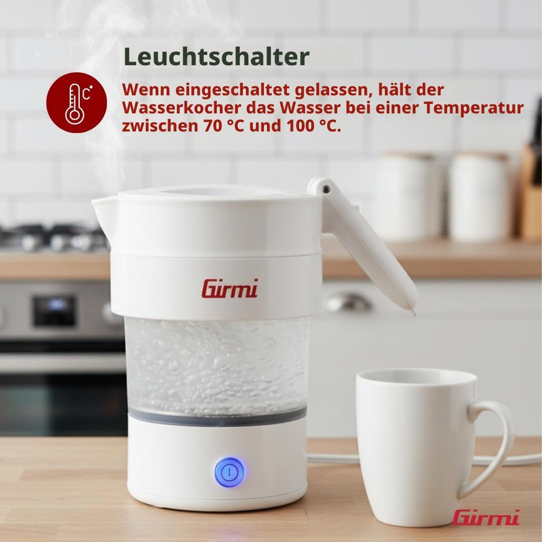 Detalle de Girmi BL03 Zusammenklappbarer Reise-Wasserkocher – 0,6 L, 600 W, Silikon-Kanne, BPA-frei, abnehmbares Kabel, Weiß