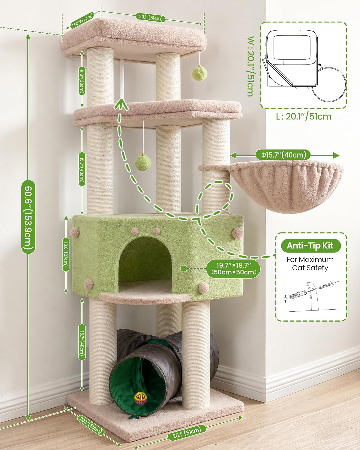 Detalle de Heavy Duty Large Cat Tree Tower, 60.6-Inch Multi-Level Condo with Sisal Posts