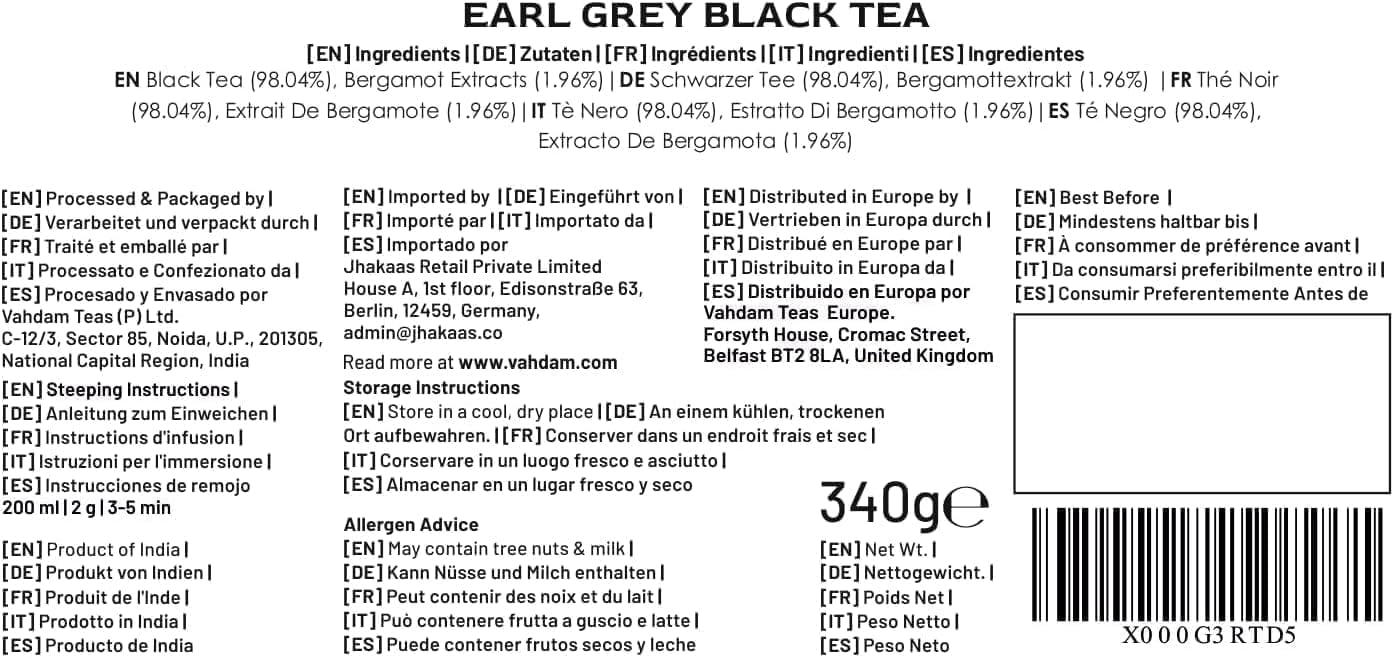 Thumbnail 1 de VAHDAM Earl Grey Schwarztee (340 g) – loses Blatt, mit Bergamotteöl