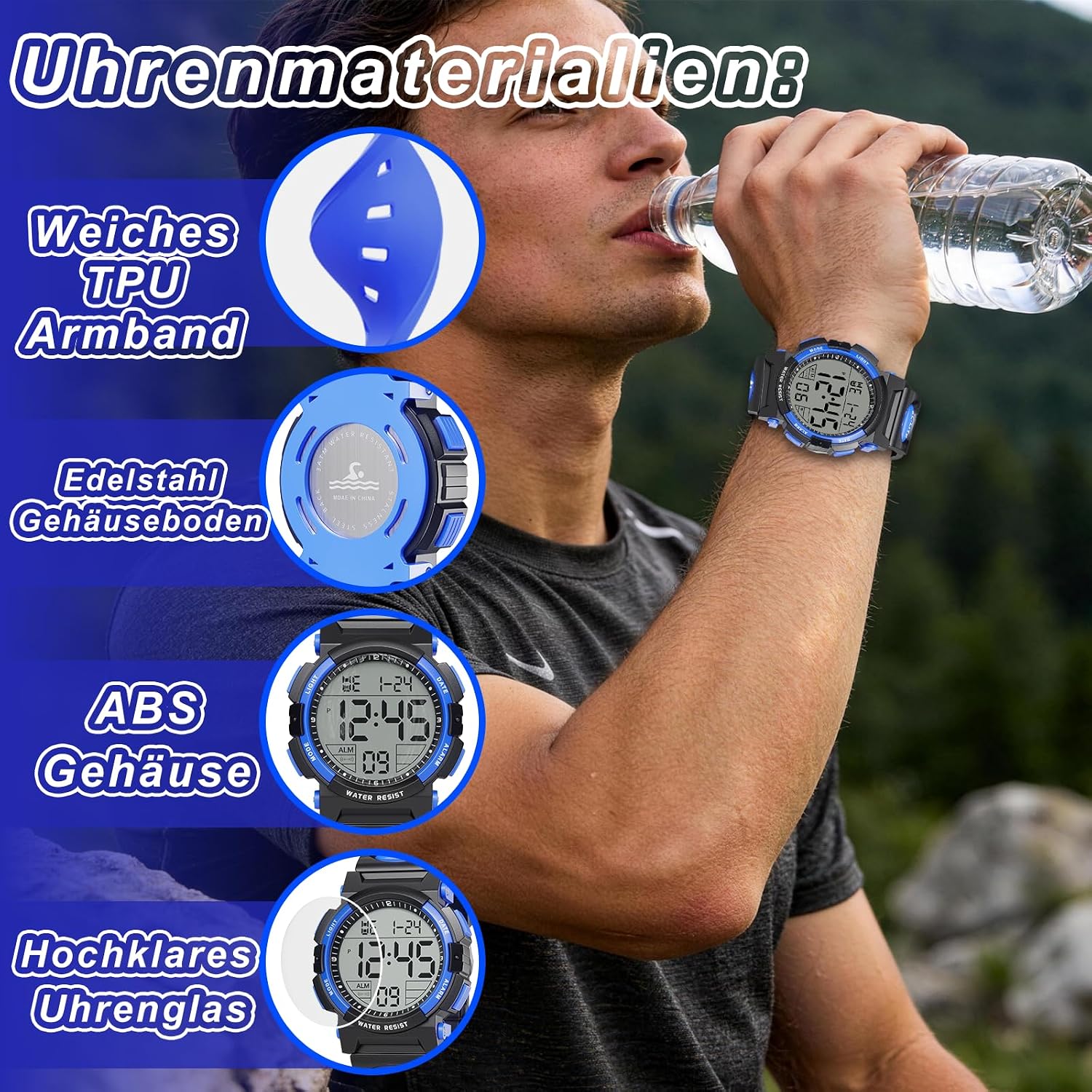 Thumbnail 6 de GUUMUXIN Digital Herren Sportuhr mit LED-Licht, Wecker, Stoppuhr – 30 m wasserdicht