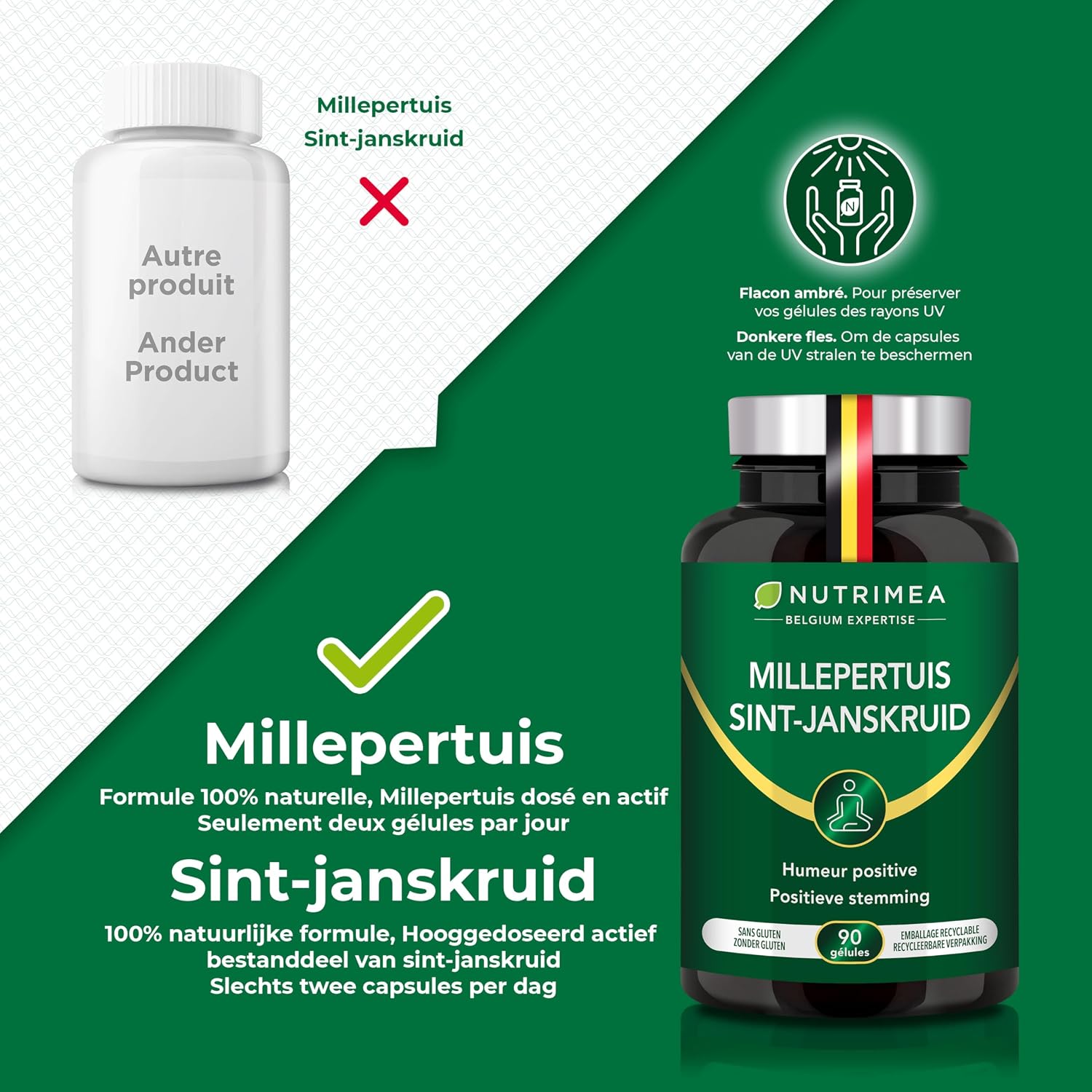 Detalle de Nutrimea Millepertuis titré 10:1 (4660 mg) – 90 gélules vegan pour déprime saisonnière, stress et sommeil