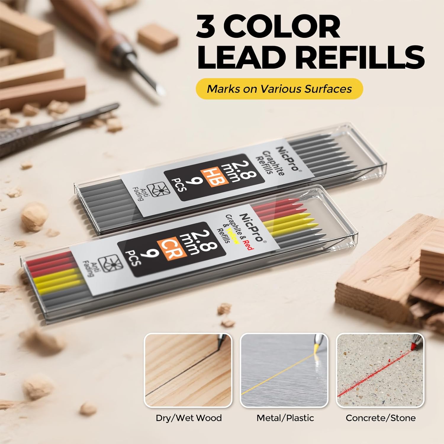 Thumbnail 2 de Nicpro CP3000 Carpenter Pencil with Sharpener & 19 x 2.8 mm Refills (Green) with Deep-Hole Marker Tip