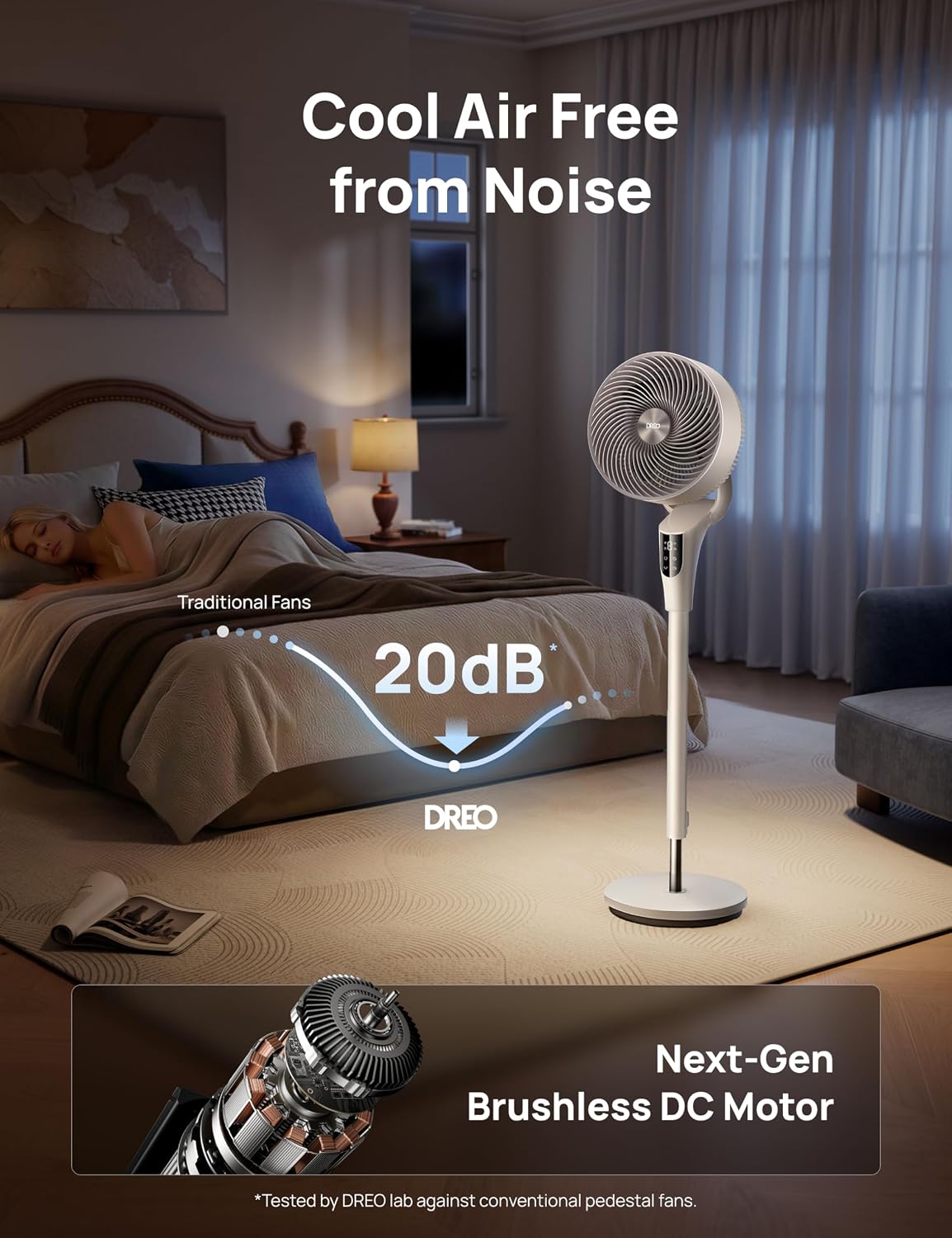 Detalle de DREO 2026 Upgraded Fan for Bedroom (90° Oscillating Standing Fan) — 90 ft Airflow, DC Motor, Quiet 20dB