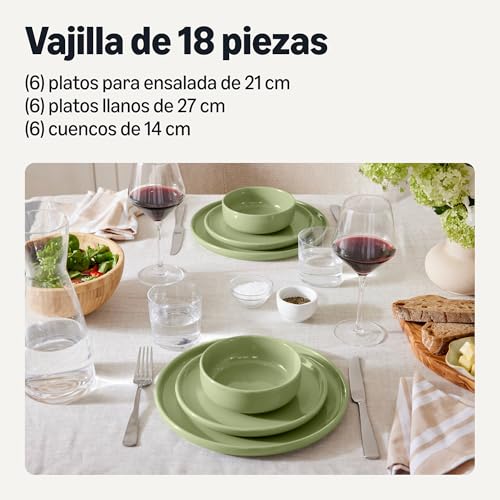 Thumbnail 1 de Amazon Basics Vaisselle en grès émaillé, 18 pièces, couleur olive