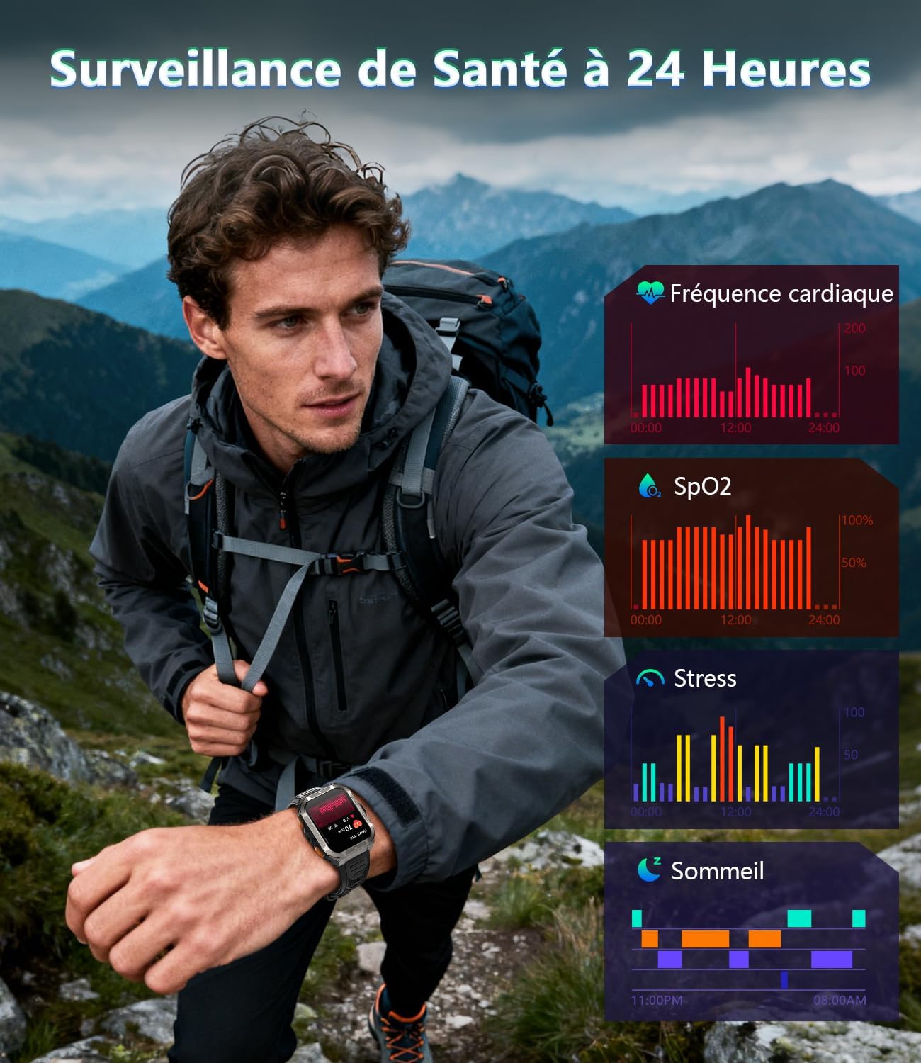 Thumbnail 4 de IOWODO Montre connectée 2026 avec GPS, lampe torche LED et boussole intégrée