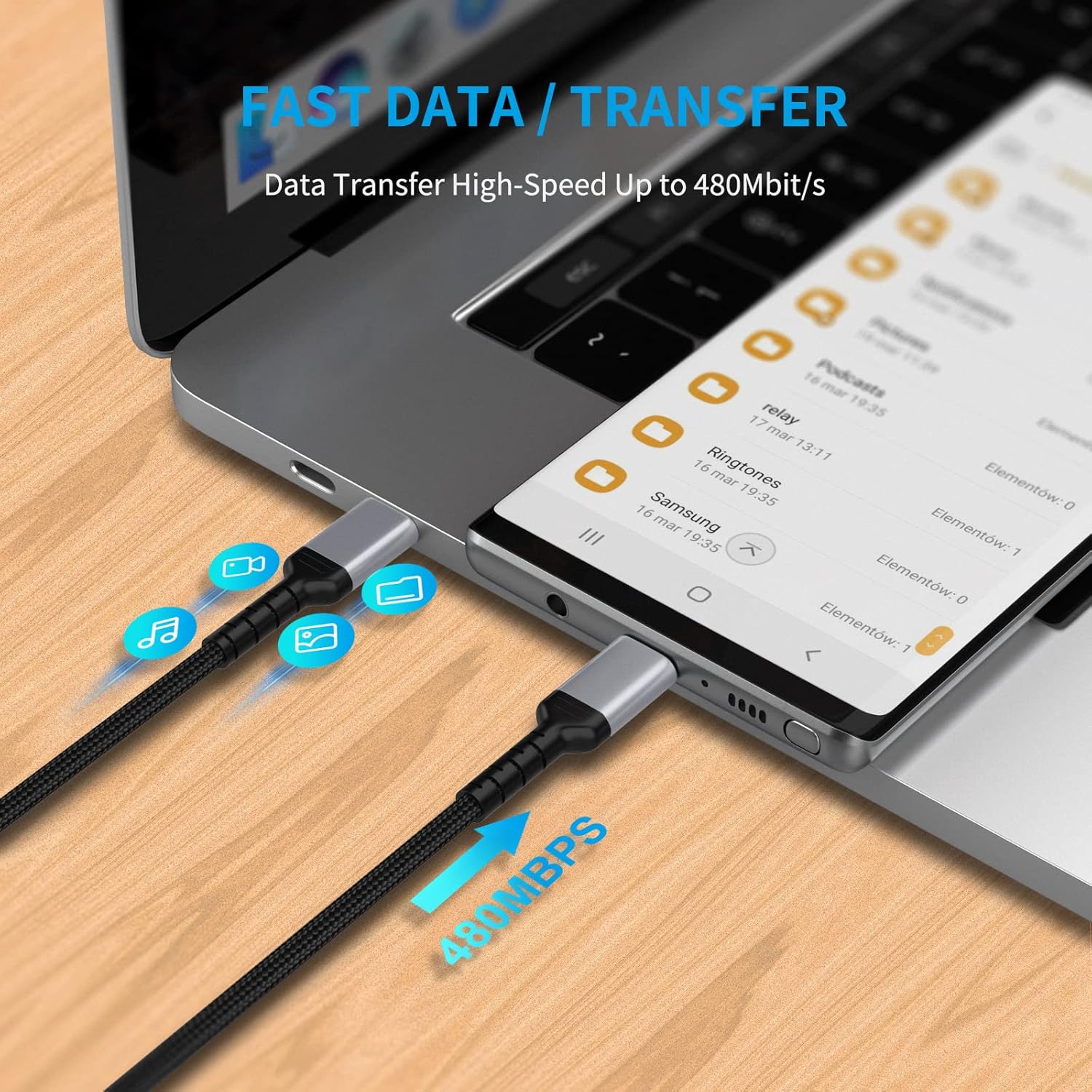 Detalle 2 de USB C auf USB C Kabel 1 m – Nylon Geflochtenes Ladekabel im 3er-Pack, 60 W, 3 A, 480 Mbit/s