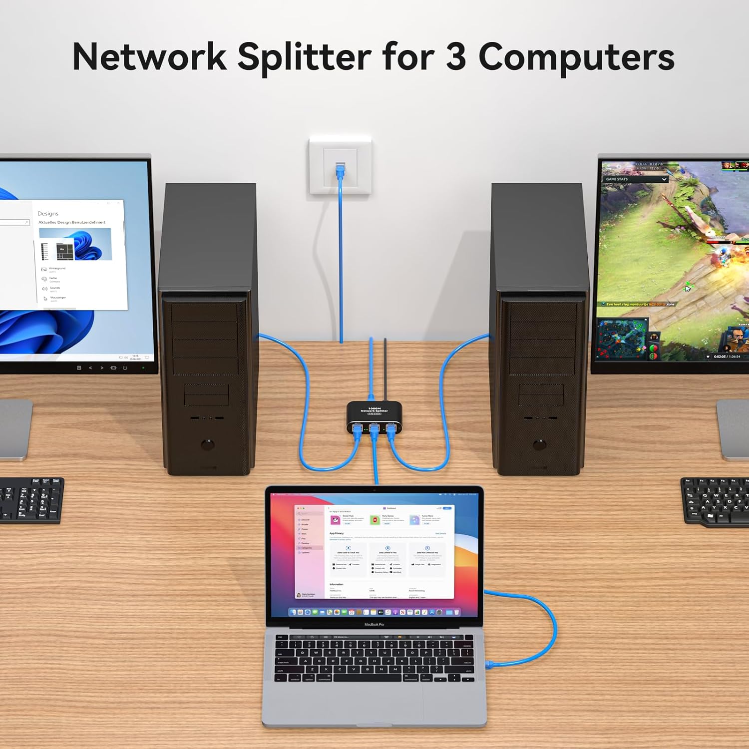 Thumbnail 3 de VPFET LAN-Switch 1 auf 3 (Gigabit, 3 Ports) mit USB-C-Netzkabel – RJ45 Ethernet-Verteiler