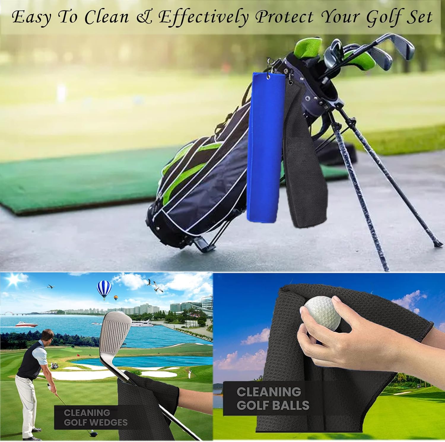 Thumbnail 5 de QeeHeng 2er Golf-Handtuch-Set aus Mikrofaser mit Waffelmuster, 60 × 40 cm, Tri-Fold inkl. Karabiner-Clip – Schwarz/Blau