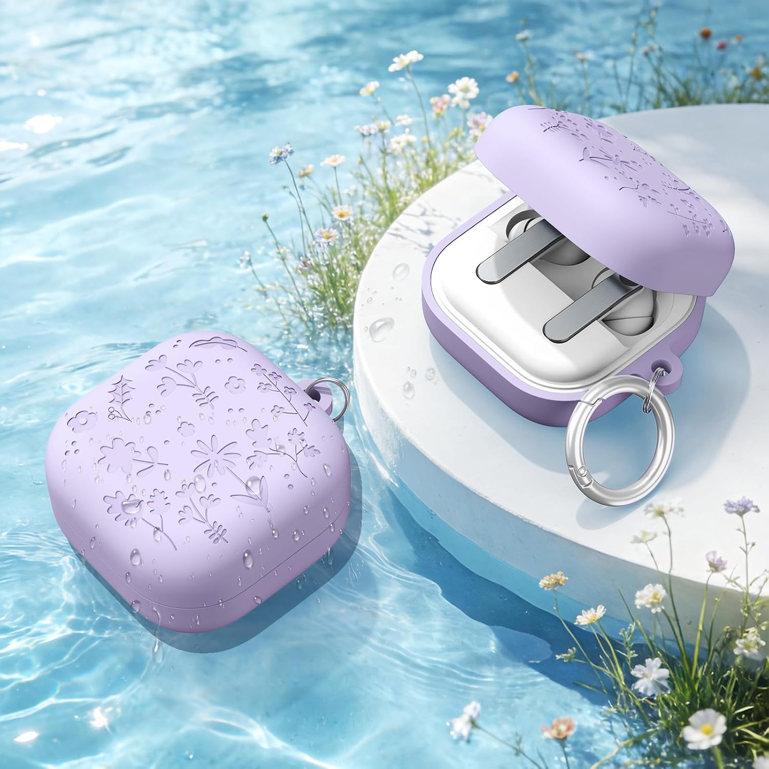 Thumbnail 6 de AhaStyle Silicone Case for Samsung Galaxy Buds4 Series – Flower Engraved, Cute Cover with Carabiner