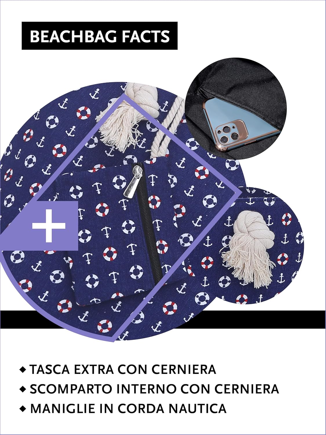 Detalle de DonDon Borsa da spiaggia grande con chiusura zip 58 x 38 x 18 cm stile marinaro yacht