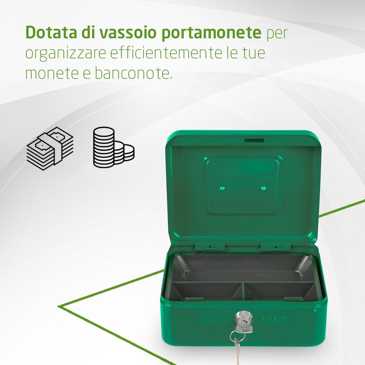 Thumbnail 3 de Amig - Cassetta portavalori in acciaio verde con vassoio monete e serratura a 2 chiavi (200 x 160 x 90 mm)
