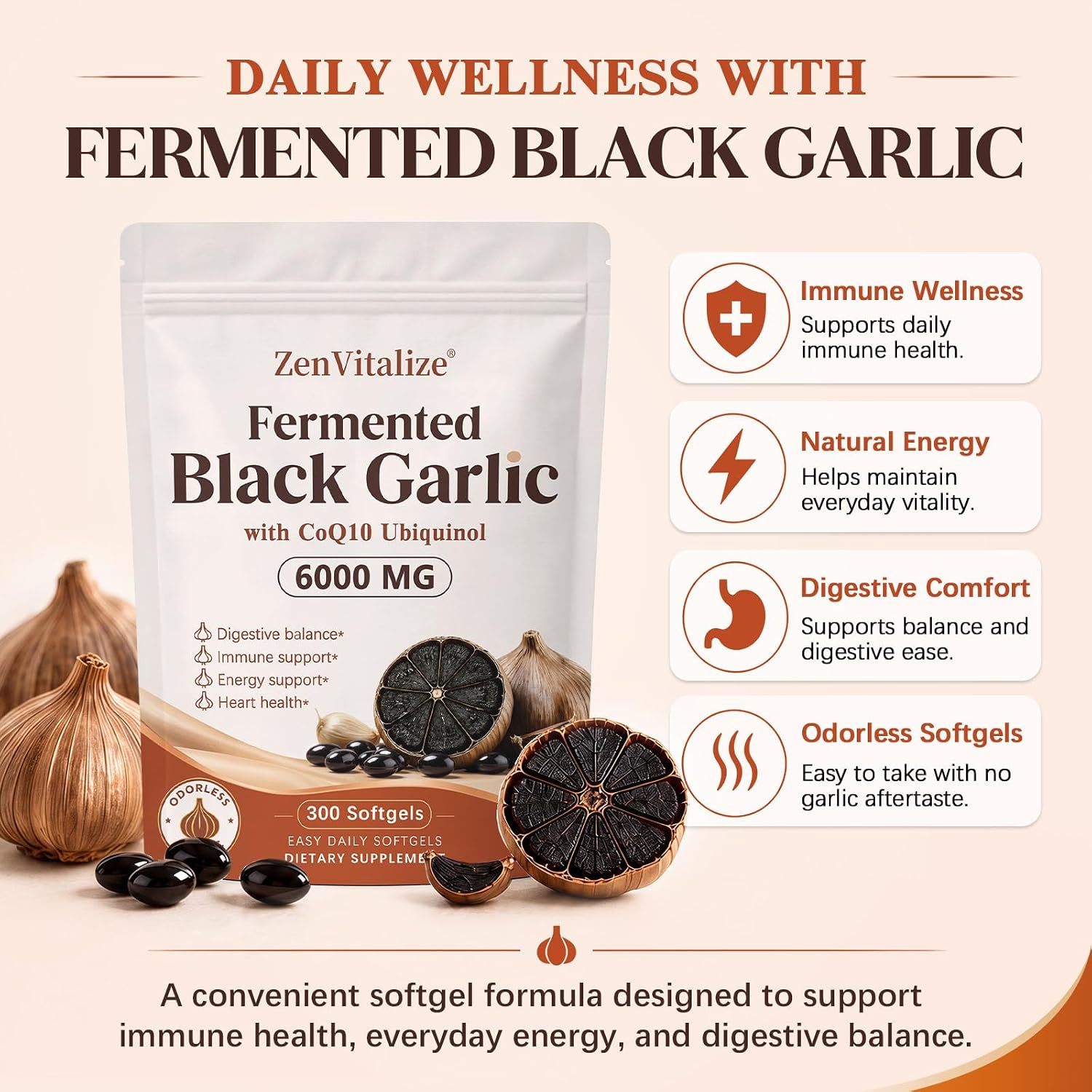 Detalle 2 de ZenVitalize JKM-007 Aged Fermented Black Garlic Softgels, CoQ10, Ubiquinol & K2 MK-7, 300 Count