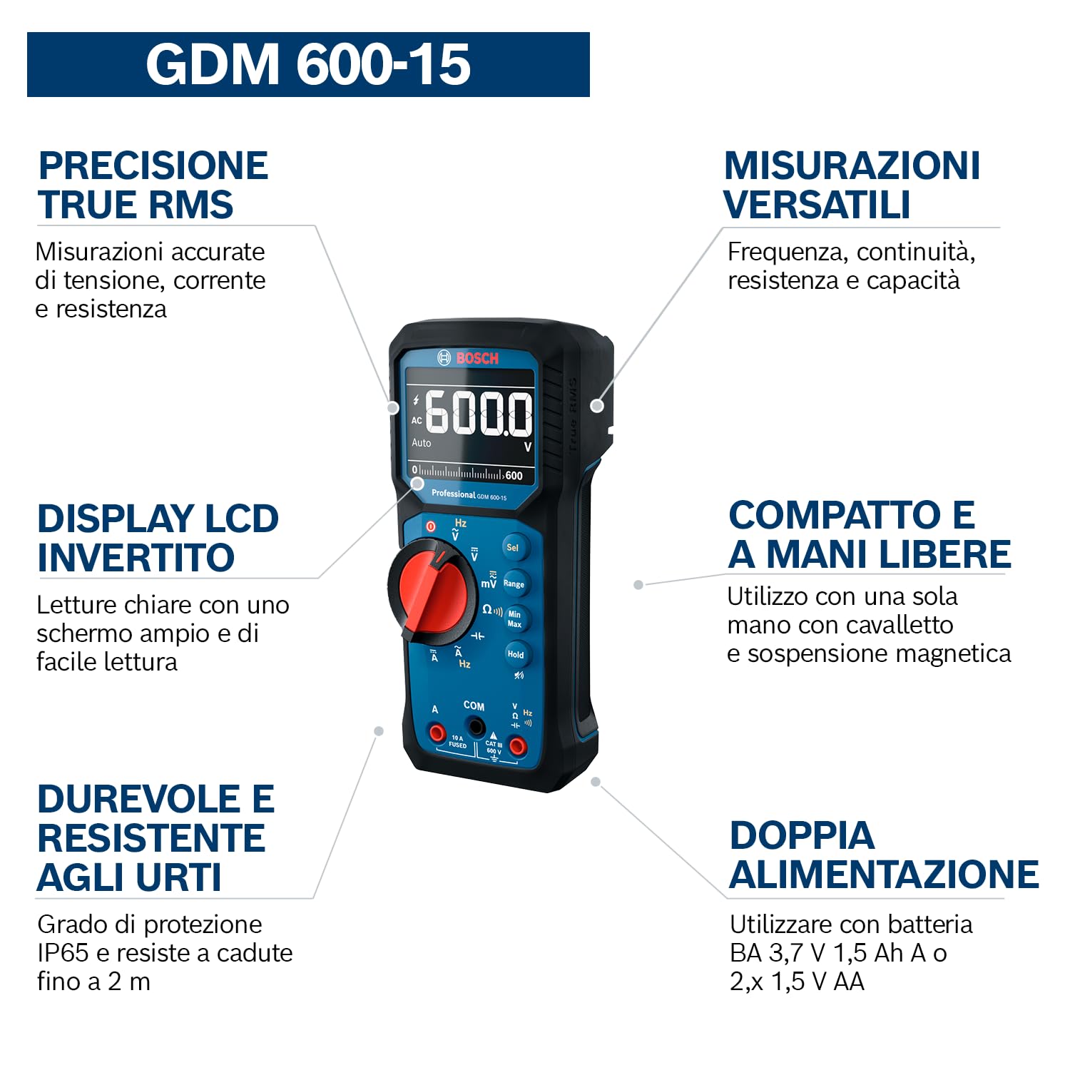 Detalle de Bosch Professional Multimetro GDM 600-15: affidabile True RMS per campo e laboratorio