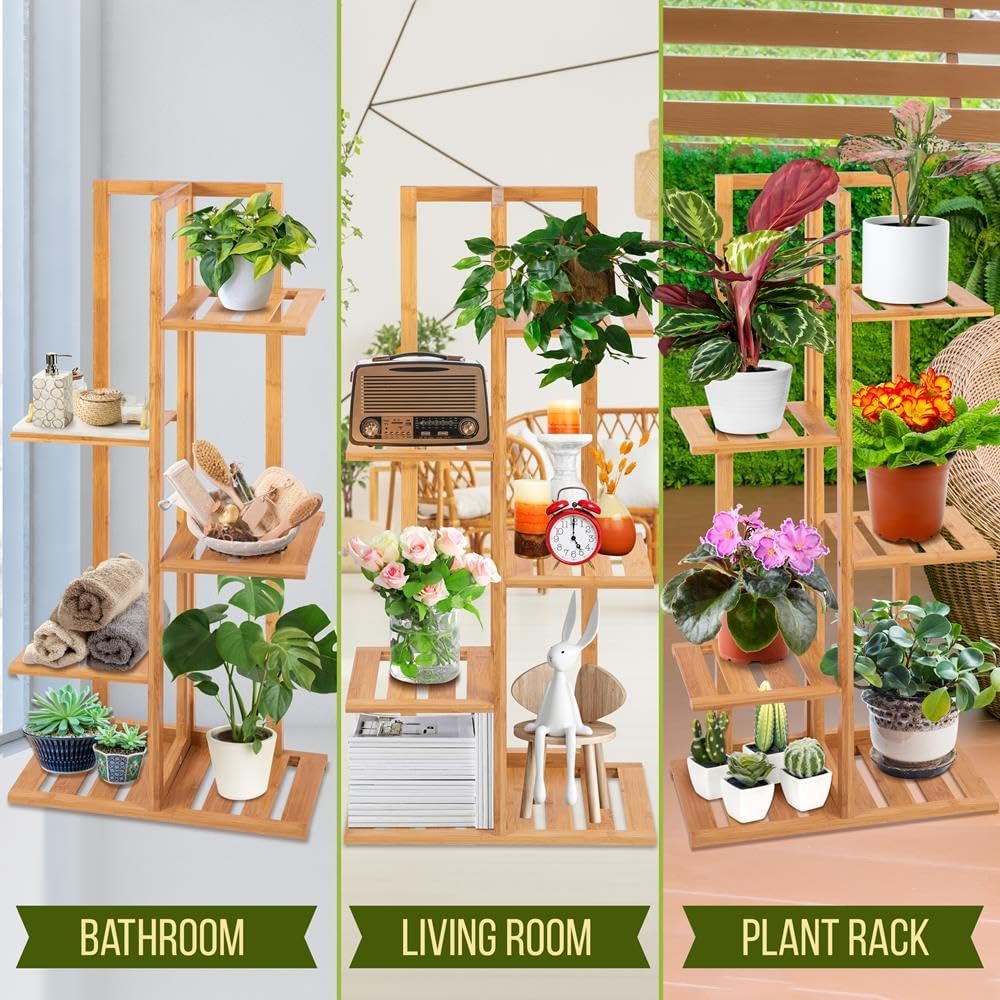 Detalle de SereneLife Bamboo 6 Tier Plant Stand