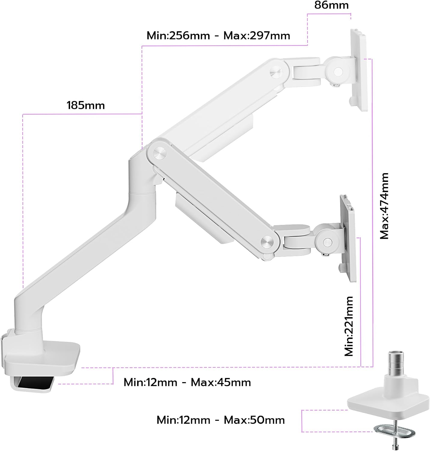 Thumbnail 6 de ARES WING Monitorhalterung 17–49 Zoll, Gasfeder, 20 kg Tragkraft, VESA 75/100 mm – Weiß