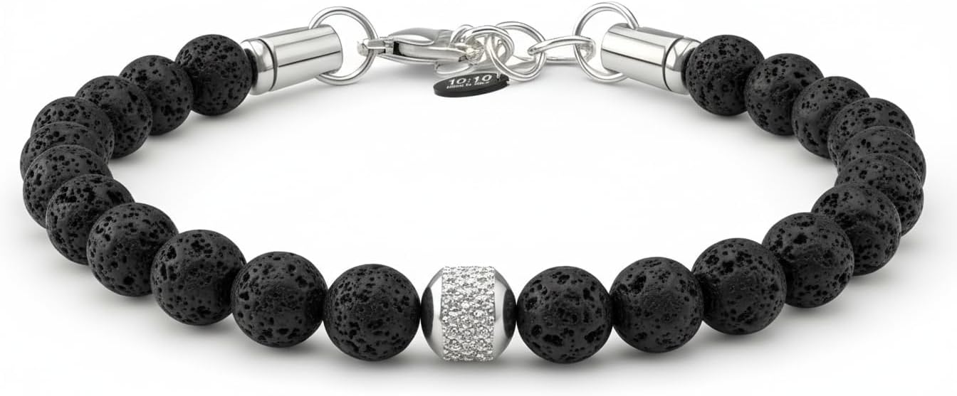 Detalle 2 de 10:10 Bracciale Uomo Pietre Naturali 8 mm – Braccialetto Regolabile in Pietra Lavica, Made in Italy
