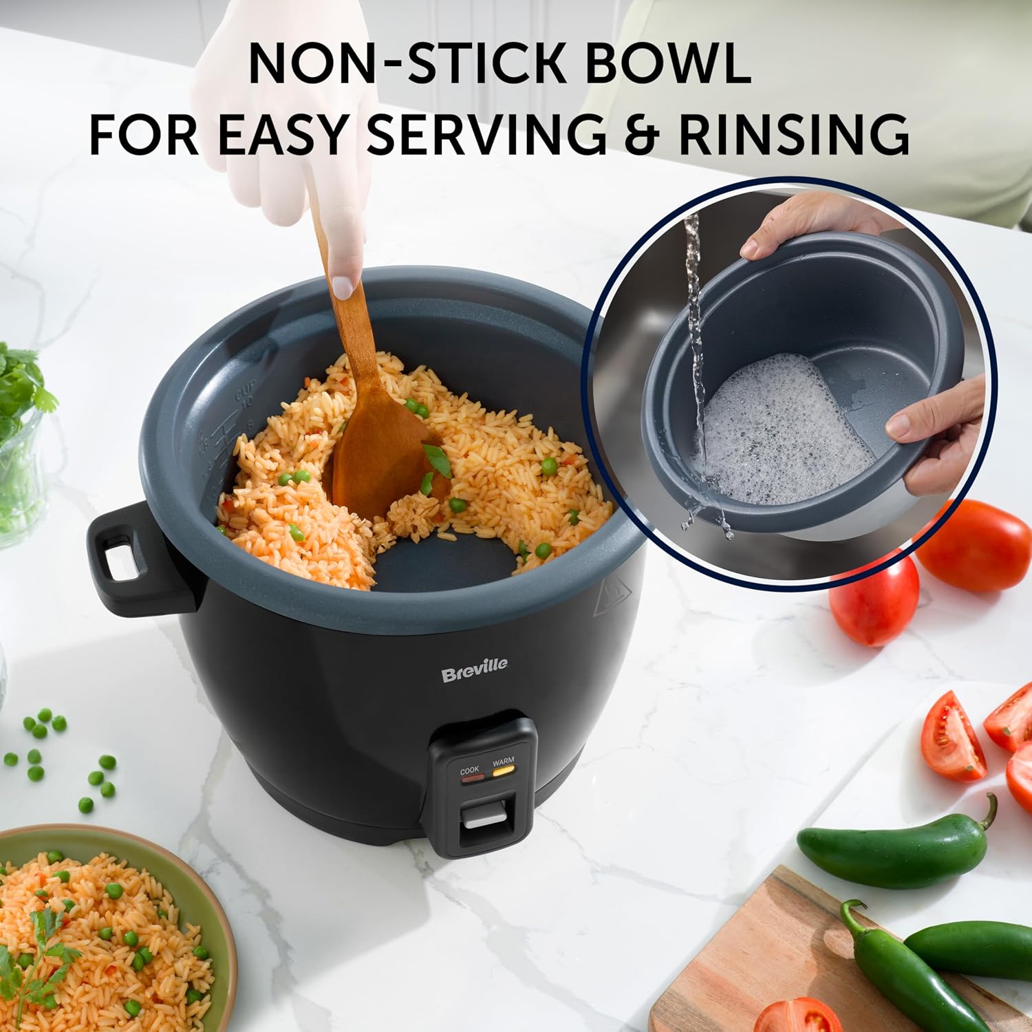 Detalle de Breville 1.8L Electric Rice Cooker (10 Cup) – Keep Warm, Non-Stick Bowl, Black