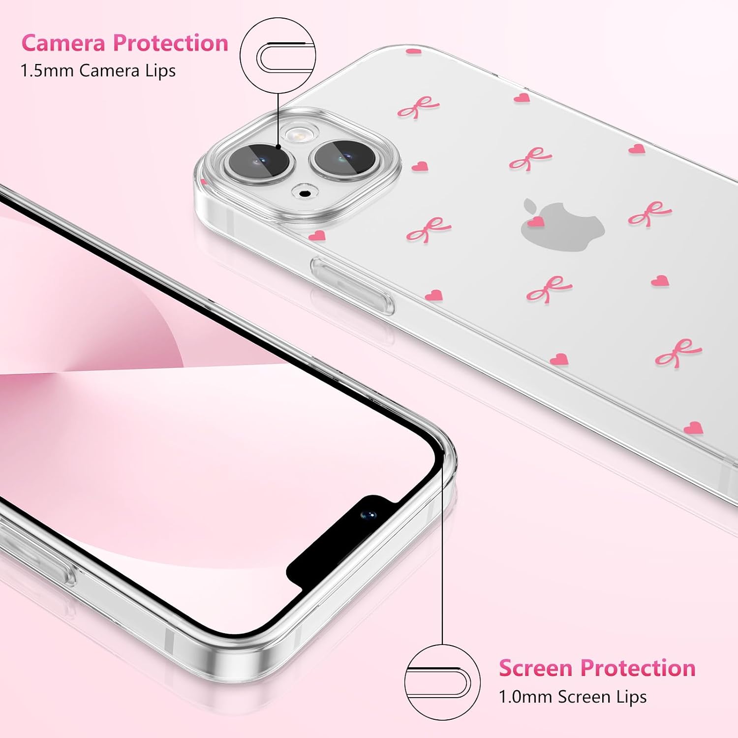 Detalle de ZTOFERA Durchsichtige Hülle für iPhone 14 (6.1) – Rosa Heißes Herz & Schleife, TPU Flexibel & Stoßfest