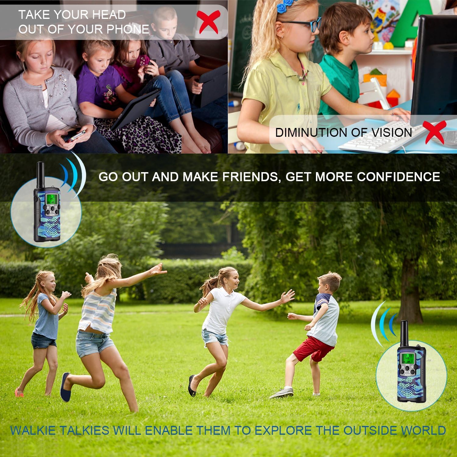 Detalle de Walkie Talkies for Kids 22 Channel 3-Mile Range – Blue Camo (2-Pack) for Outdoor Adventures