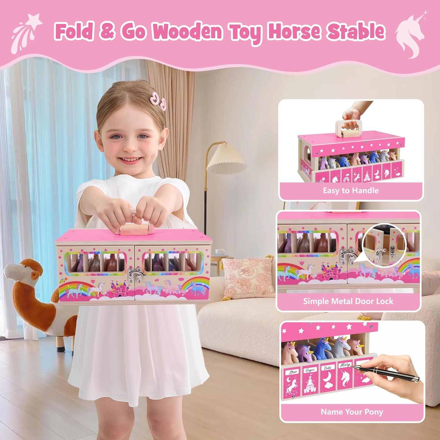 Thumbnail 2 de SIMPLIPLAY Unicorn Wooden Stable Playset – Portable Toy Horse Stable with 8 Unicorn Figures