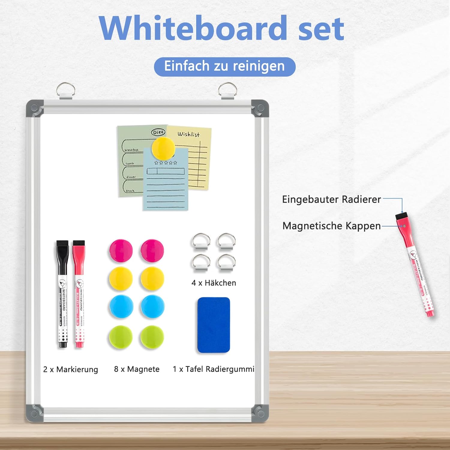 Thumbnail 4 de DOLLAR BOSS magnetisches Whiteboard (30×40 cm, A3) mit 2 Stiften, 8 Magneten & Halterung ohne Bohren