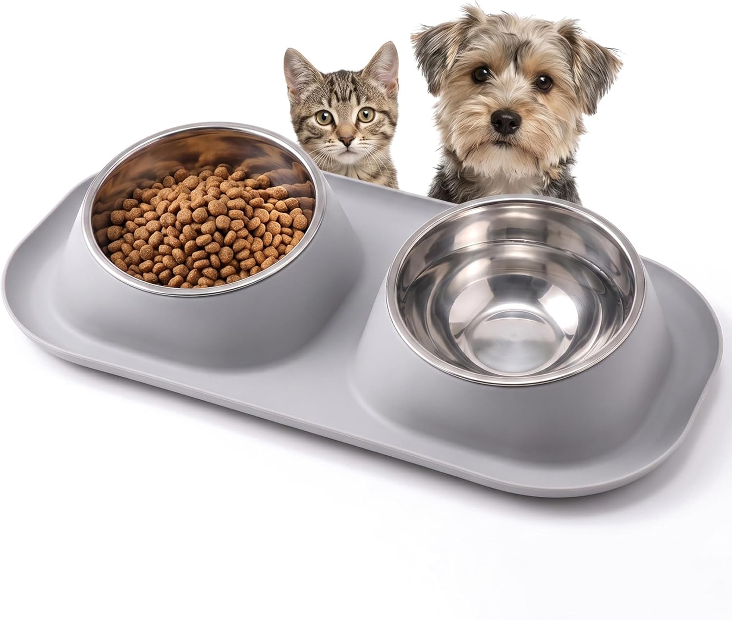 Detalle de Suhaco Raised Double Dog Bowl with Stainless Steel Bowls – Grey