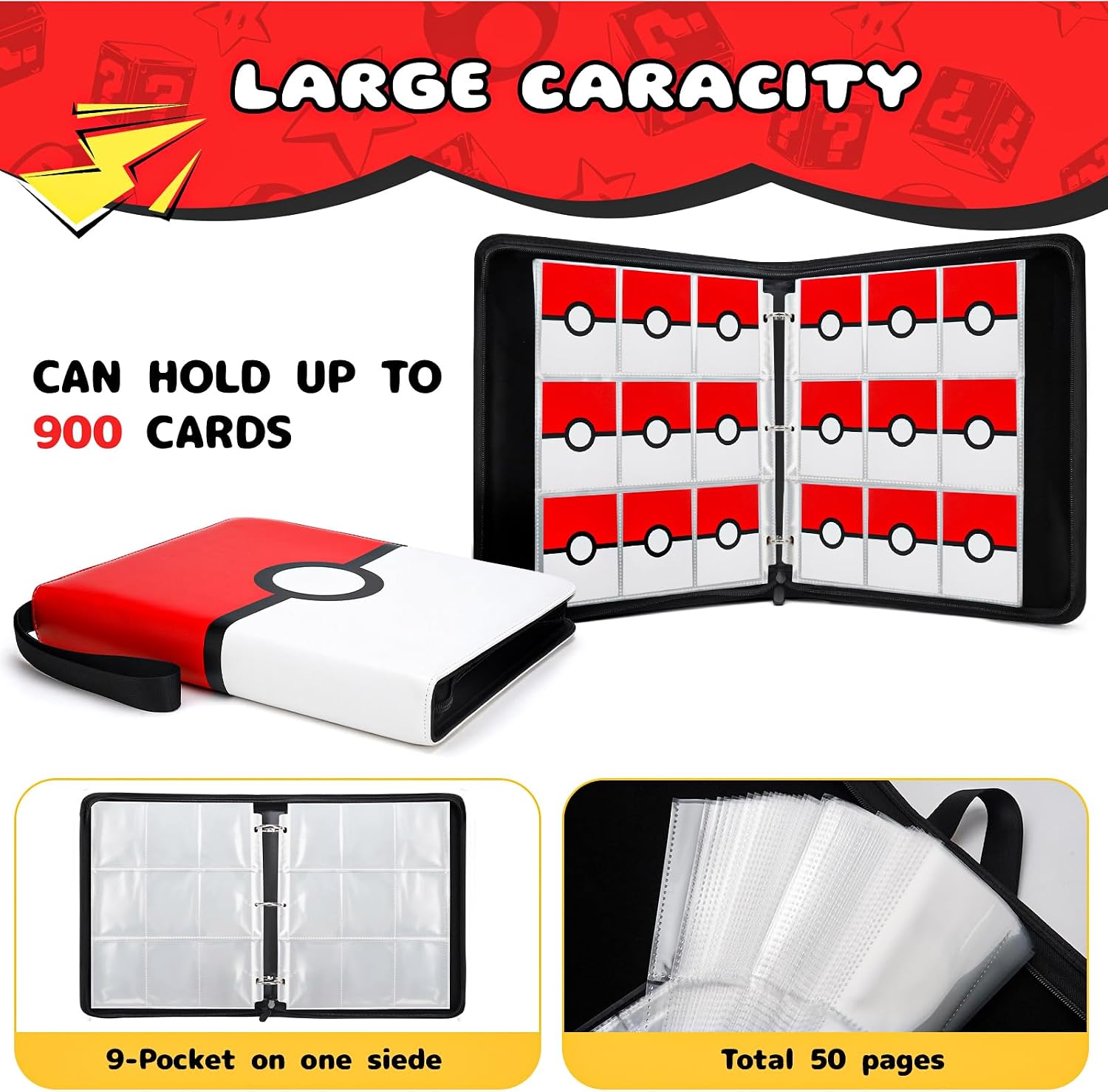 Detalle de Bestode RST01 9-Pocket Trading Card Binder, Zippered PU Leather, 900-Card Capacity