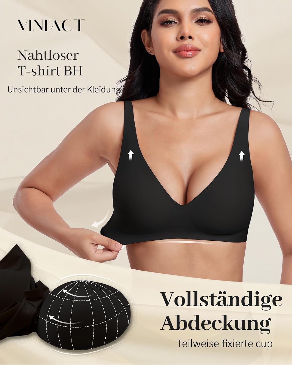Thumbnail 2 de Vinfact Tiefer-V Nahtloser Push-up BH ohne Bügel für Damen – T-Shirt & Schlaf-BH (55% Nylon/45% Elasthan)