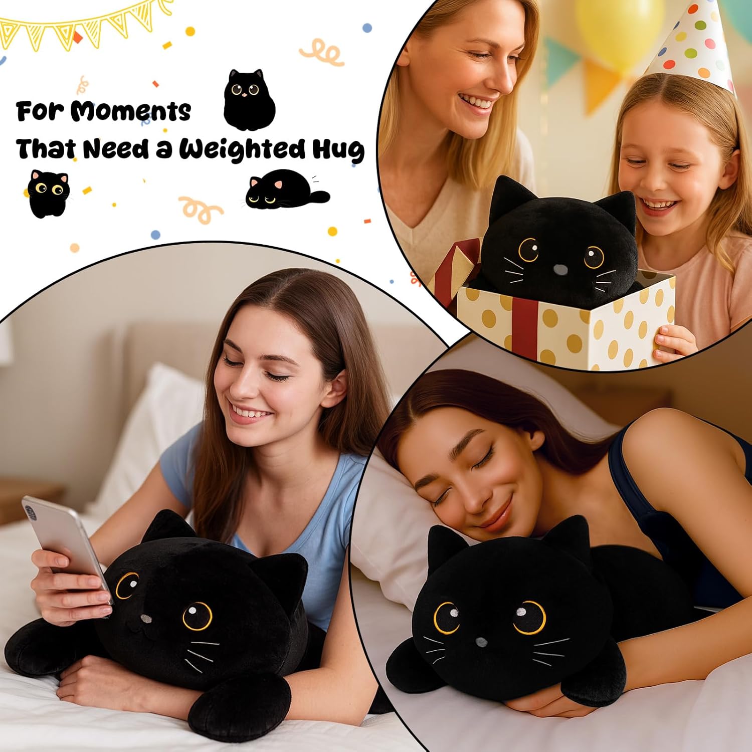 Detalle de SQEQE Weighted Black Cat Plush — 13.8-Inch Cozy Weighted Stuffed Animal