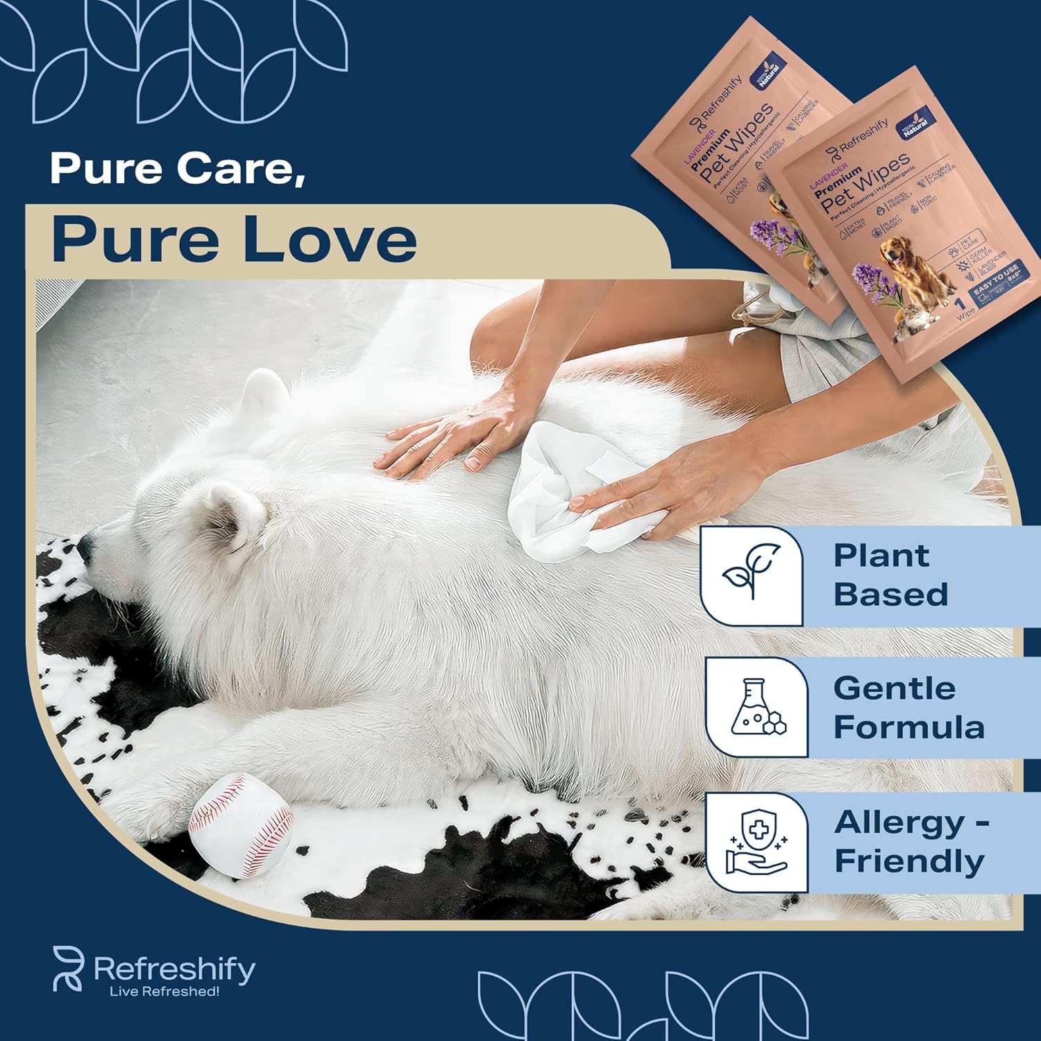 Detalle 2 de REFRESHIFY Dog Wipes for Paws and Butt – Plant-Based Lavender Scented (Pack of 400) plus 12 Travel Wipes
