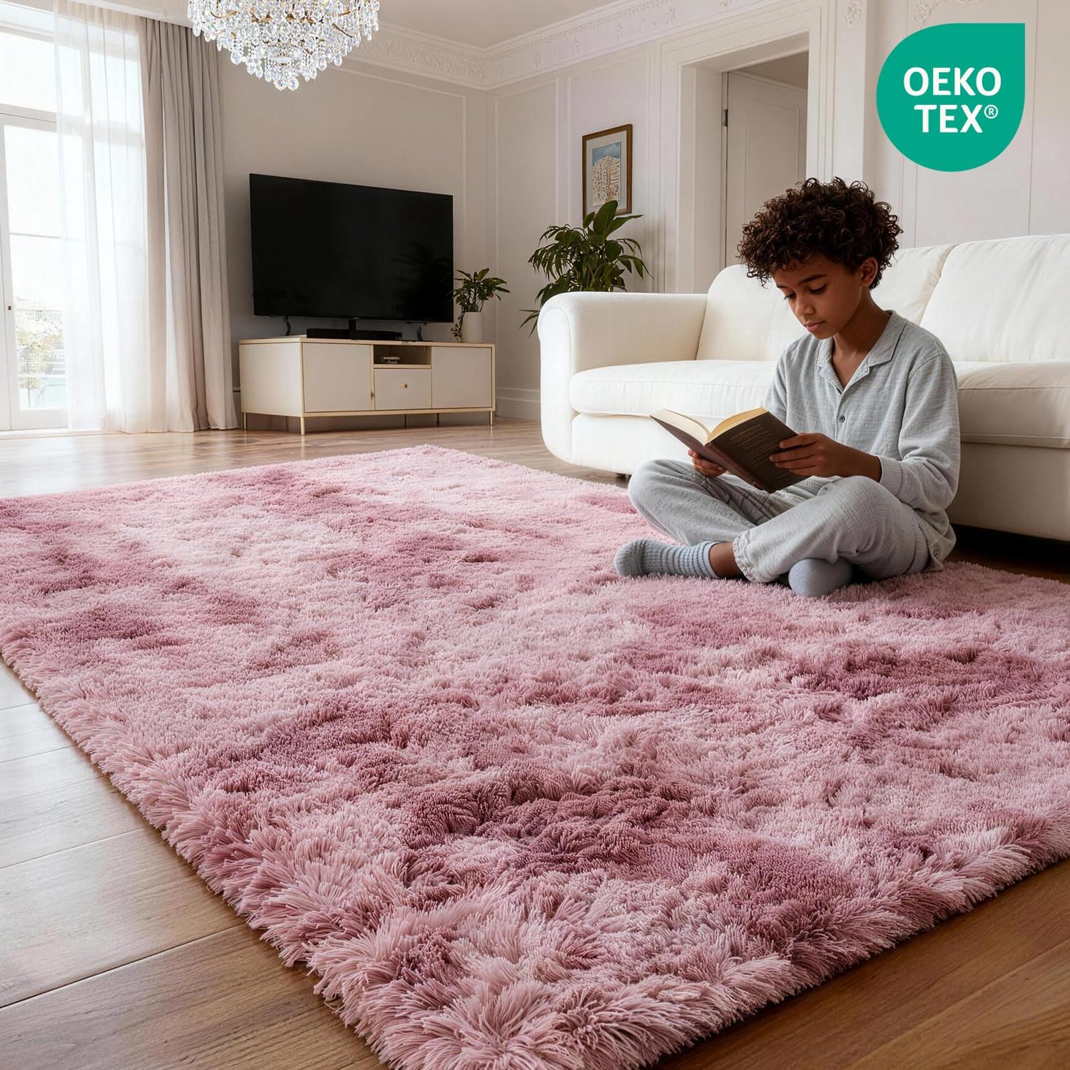 Detalle de MARATIP Teppich Wohnzimmer Batik Purpur-Rosa 120x160 cm – Hochflor, waschbar, rutschfest