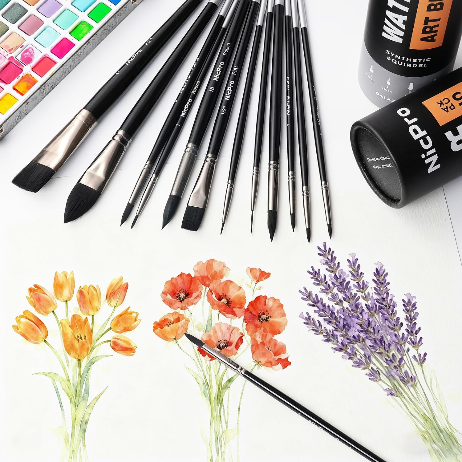 Thumbnail 6 de Nicpro 15-Piece Professional Watercolour Brushes Set: Soft Synthetic Squirrel Hair Assorted Round, Cat Tongue, Liner & Flat Brushes