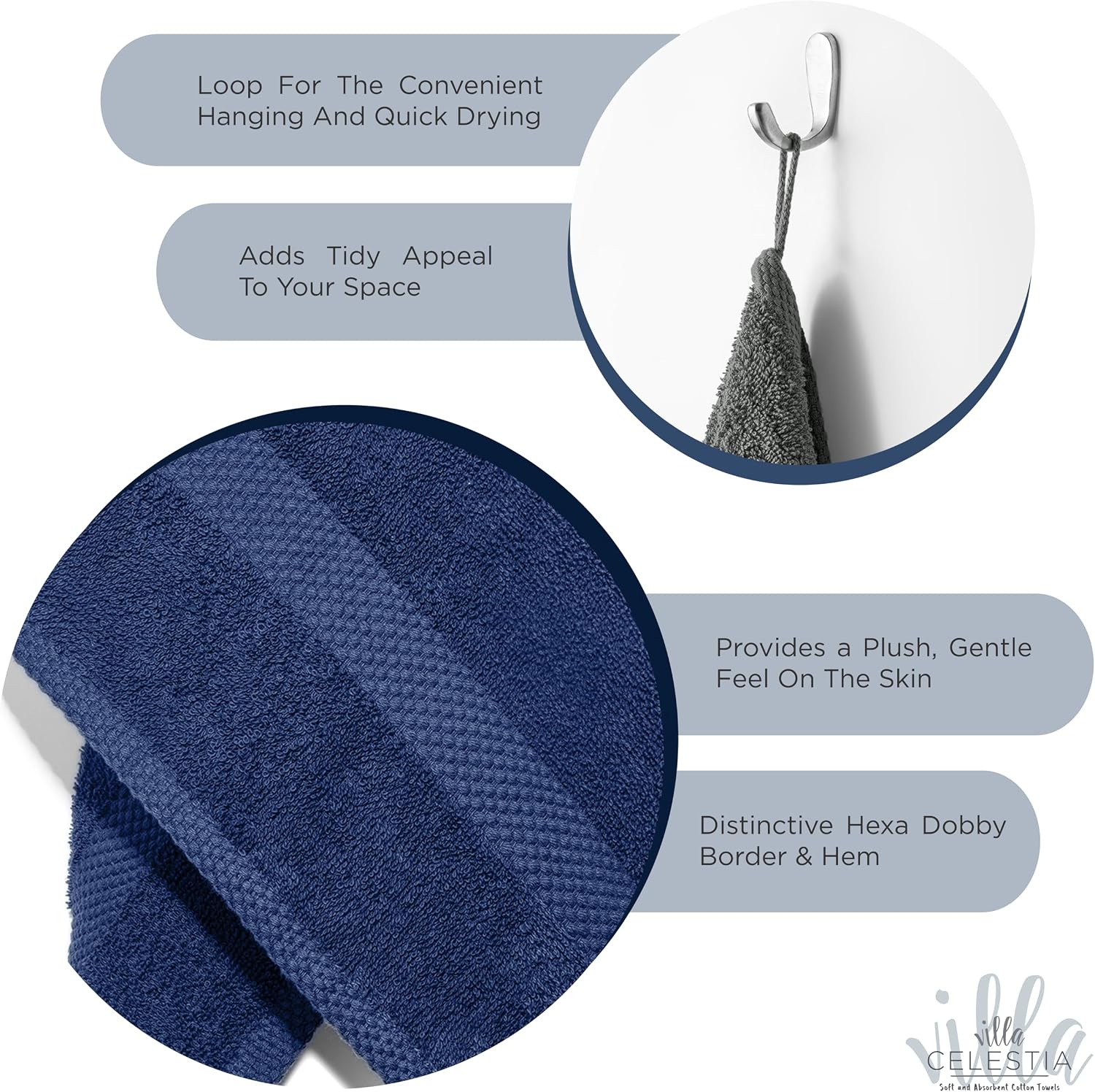 Detalle 2 de Villa Celestia Cotton Washcloths Set of 6 – 12x12, 100% Ring-Spun Cotton, Navy