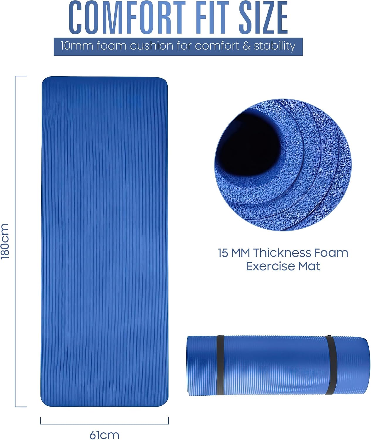 Detalle de ROMIX Yoga Mat 15 mm Thick Foam Exercise Mat (180x60 cm) with Carry Bag – Non-Slip for Yoga, Pilates and Home Fitness